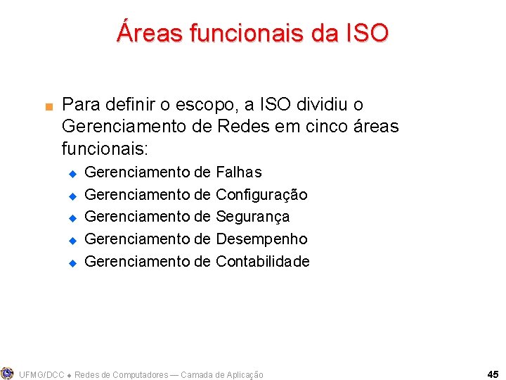 Áreas funcionais da ISO < Para definir o escopo, a ISO dividiu o Gerenciamento