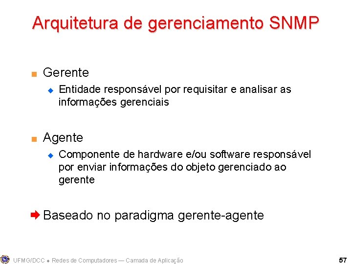 Arquitetura de gerenciamento SNMP < Gerente u < Entidade responsável por requisitar e analisar