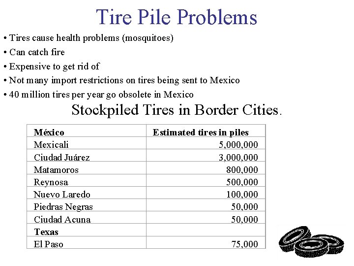 Tire Pile Problems • Tires cause health problems (mosquitoes) • Can catch fire •