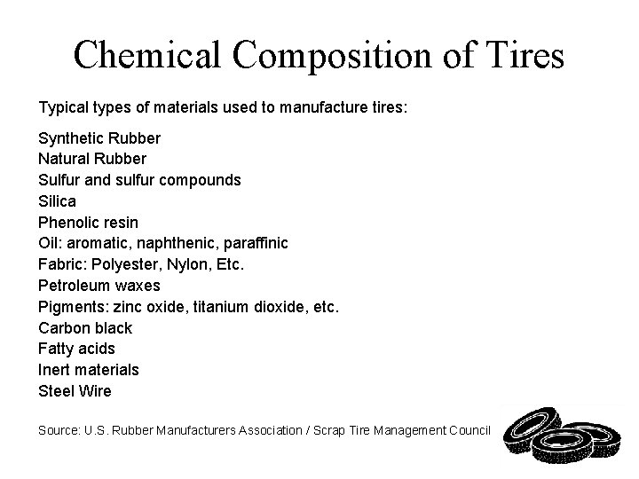 Chemical Composition of Tires Typical types of materials used to manufacture tires: Synthetic Rubber