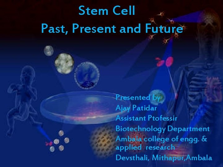  Stem Cell Past, Present and Future Presented by Ajay Patidar Assistant Ptofessir Biotechnology