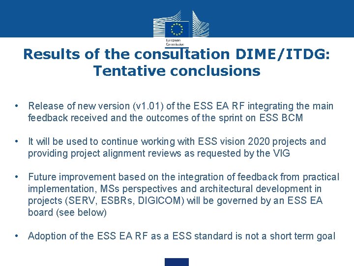 Results of the consultation DIME/ITDG: Tentative conclusions • Release of new version (v 1.