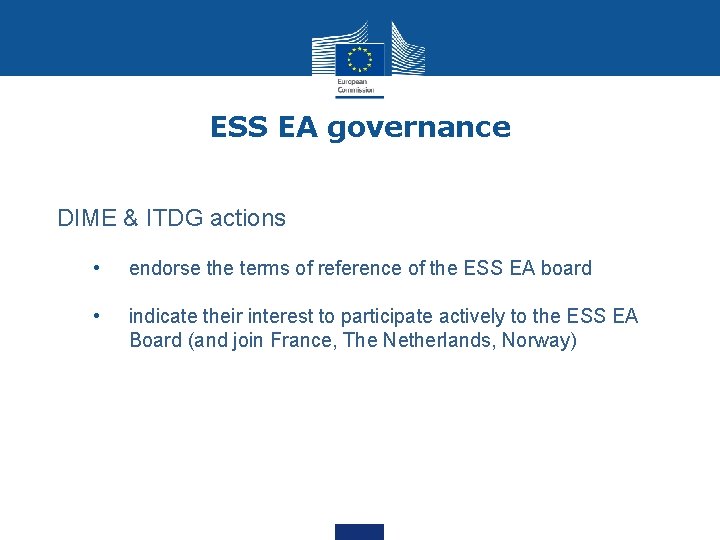 ESS EA governance DIME & ITDG actions • endorse the terms of reference of