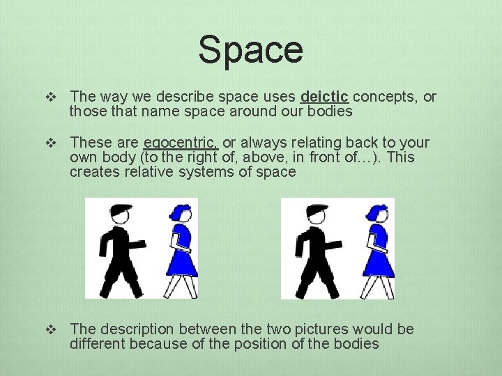 Space v The way we describe space uses deictic concepts, or those that name