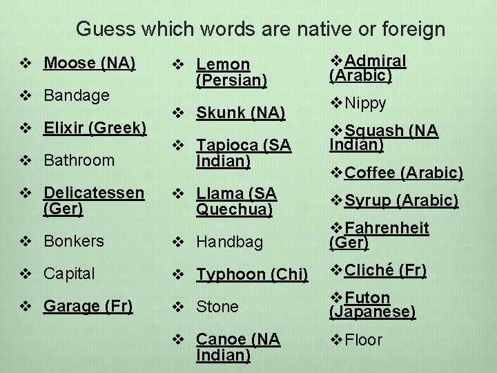 Guess which words are native or foreign v Moose (NA) v Bandage v Elixir
