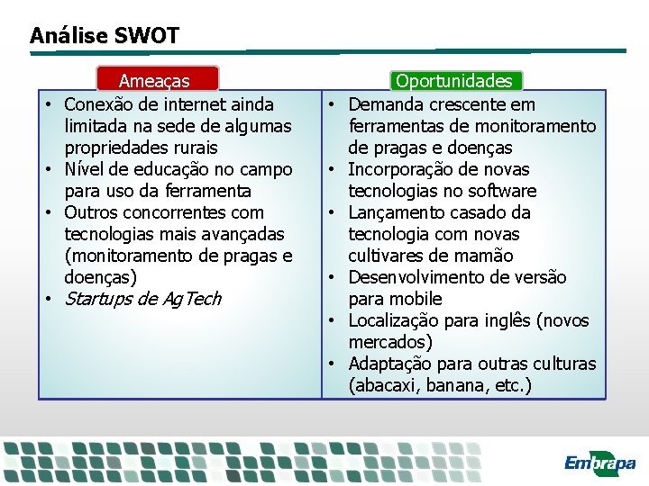 Análise SWOT Ameaças • Conexão de internet ainda limitada na sede de algumas propriedades Análise SWOT Ameaças • Conexão de internet ainda limitada na sede de algumas propriedades