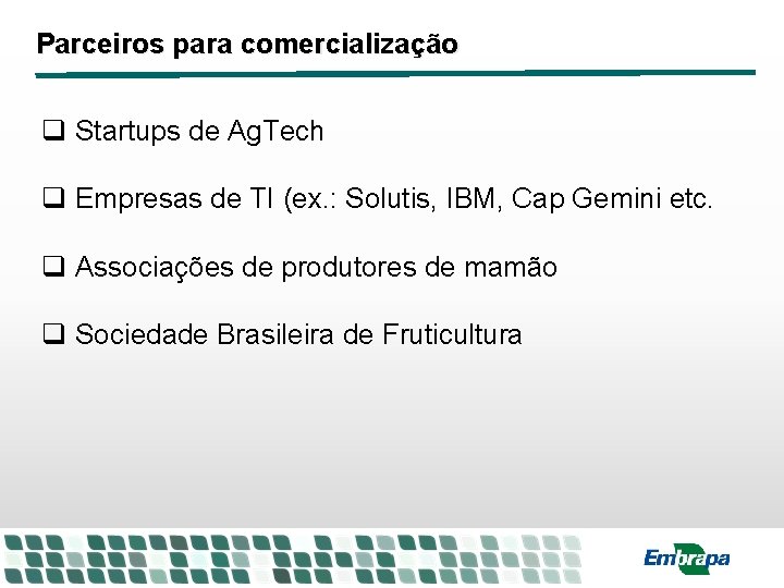 Parceiros para comercialização q Startups de Ag. Tech q Empresas de TI (ex. : Parceiros para comercialização q Startups de Ag. Tech q Empresas de TI (ex. :