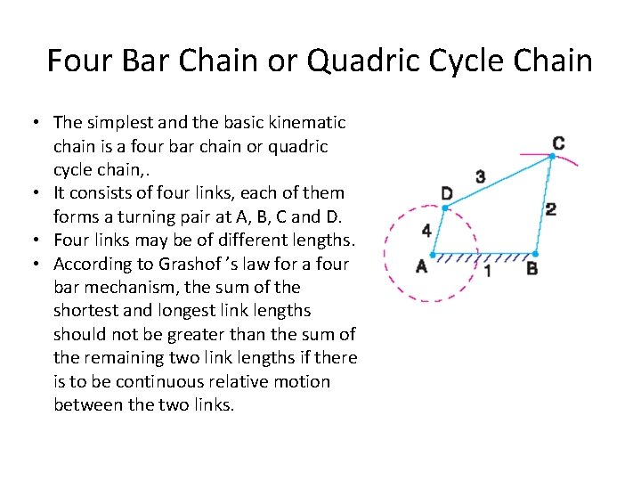 Four Bar Chain or Quadric Cycle Chain • The simplest and the basic kinematic Four Bar Chain or Quadric Cycle Chain • The simplest and the basic kinematic