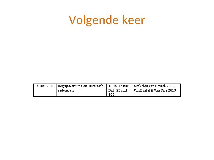 Volgende keer 15 mei 2018 Begripsvorming en Historisch redeneren 13. 15 -17 uur Drift