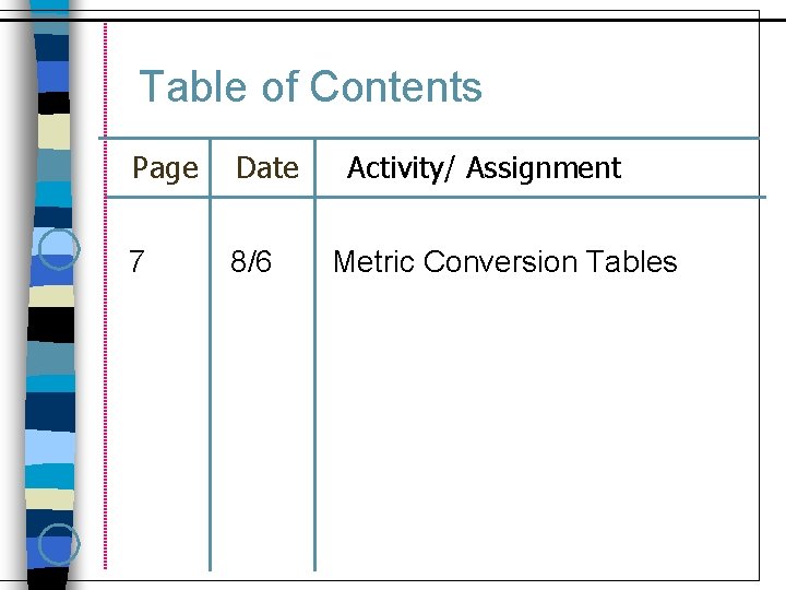 Table of Contents Page Date 7 8/6 Activity/ Assignment Metric Conversion Tables 