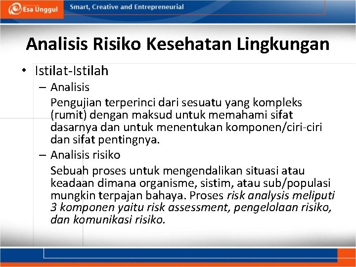 Analisis Risiko Kesehatan Lingkungan • Istilat-Istilah – Analisis Pengujian terperinci dari sesuatu yang kompleks