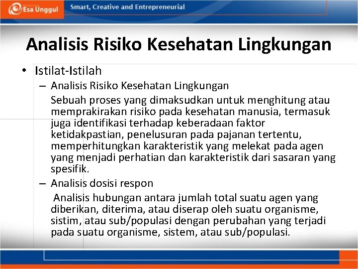 Analisis Risiko Kesehatan Lingkungan • Istilat-Istilah – Analisis Risiko Kesehatan Lingkungan Sebuah proses yang