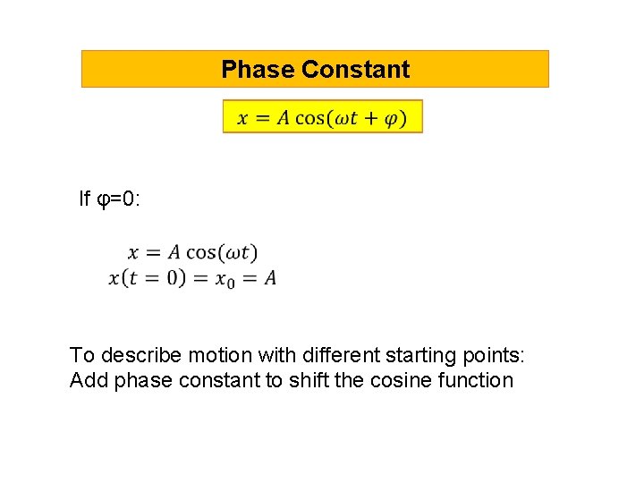 Phase Constant If φ=0: To describe motion with different starting points: Add phase constant