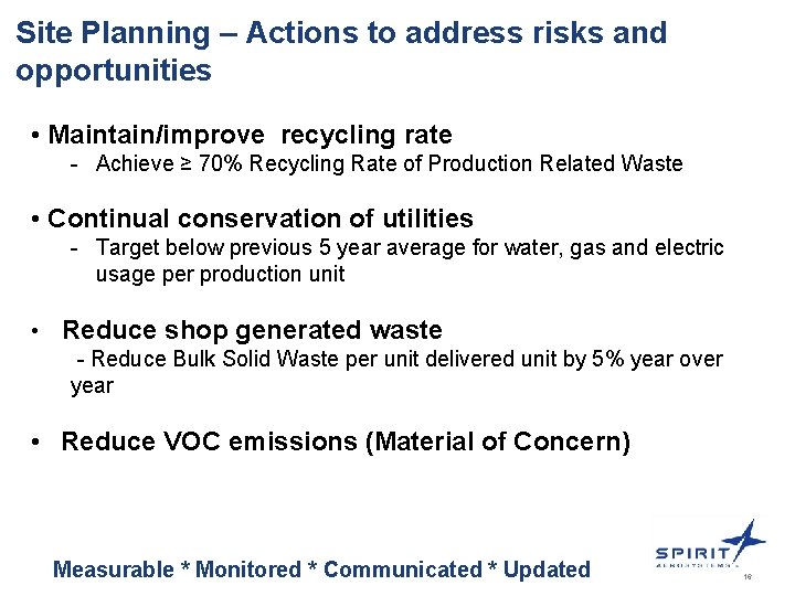 Site Planning – Actions to address risks and opportunities • Maintain/improve recycling rate -