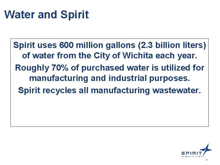 Water and Spirit uses 600 million gallons (2. 3 billion liters) of water from
