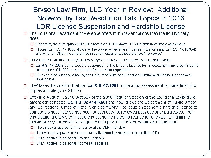Bryson Law Firm, LLC Year in Review: Additional Noteworthy Tax Resolution Talk Topics in