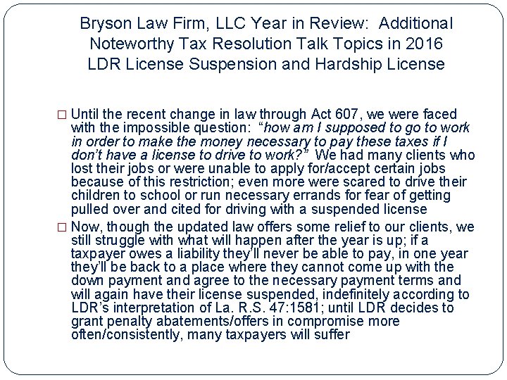 Bryson Law Firm, LLC Year in Review: Additional Noteworthy Tax Resolution Talk Topics in