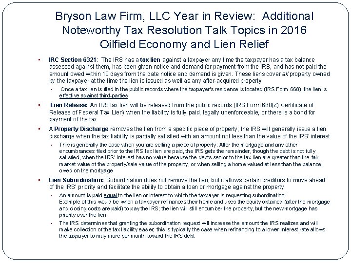 Bryson Law Firm, LLC Year in Review: Additional Noteworthy Tax Resolution Talk Topics in