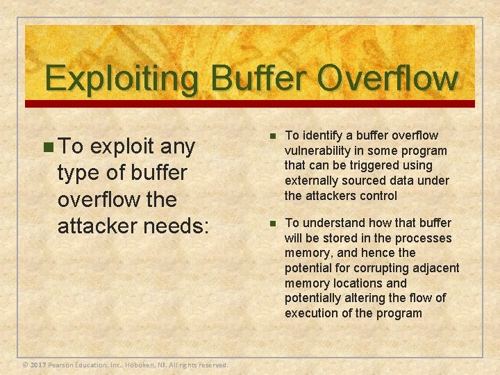 Exploiting Buffer Overflow n To exploit any type of buffer overflow the attacker needs: