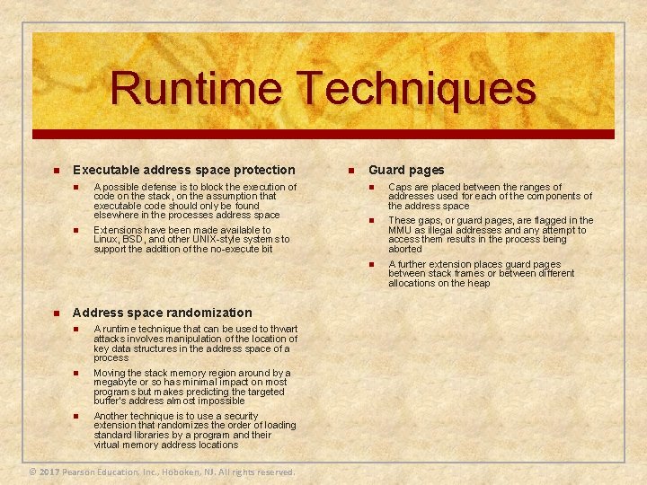 Runtime Techniques n n Executable address space protection n A possible defense is to