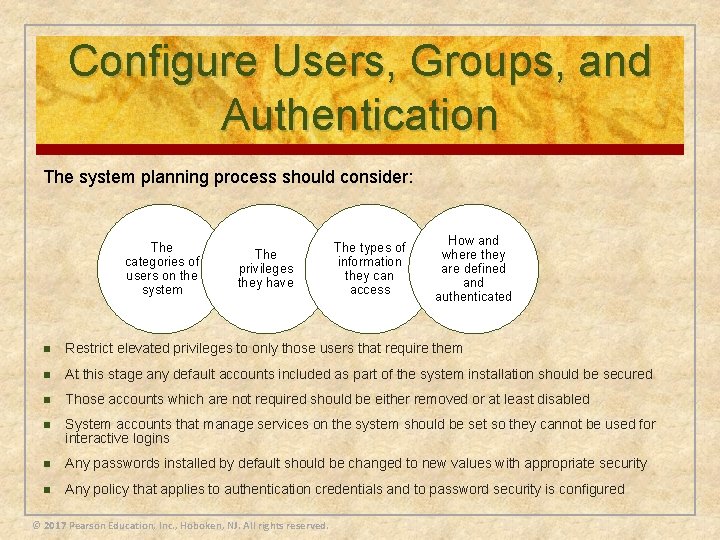 Configure Users, Groups, and Authentication The system planning process should consider: The categories of