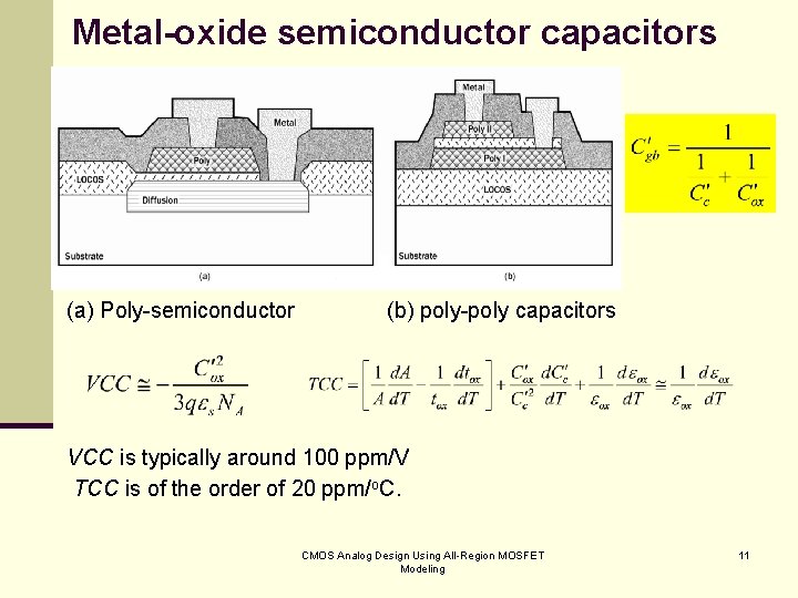 Metal-oxide semiconductor capacitors (a) Poly-semiconductor (b) poly-poly capacitors VCC is typically around 100 ppm/V