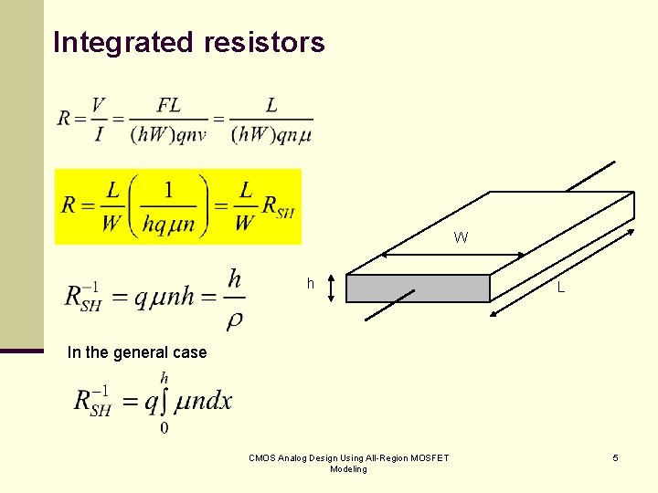 Integrated resistors W h L In the general case CMOS Analog Design Using All-Region