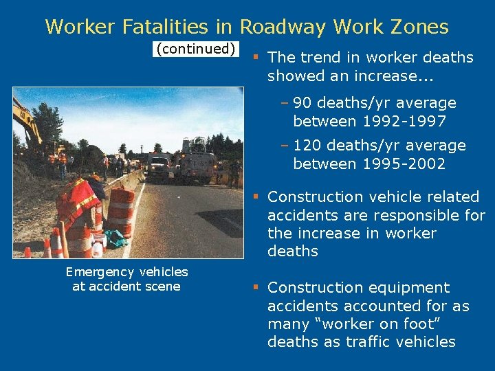 Worker Fatalities in Roadway Work Zones (continued) § The trend in worker deaths showed