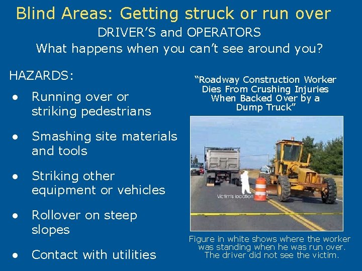 Blind Areas: Getting struck or run over DRIVER’S and OPERATORS What happens when you