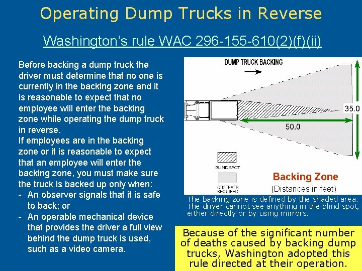 Operating Dump Trucks in Reverse Washington’s rule WAC 296 -155 -610(2)(f)(ii) Before backing a