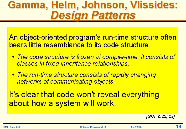 Gamma, Helm, Johnson, Vlissides: Design Patterns An object-oriented program's run-time structure often bears little