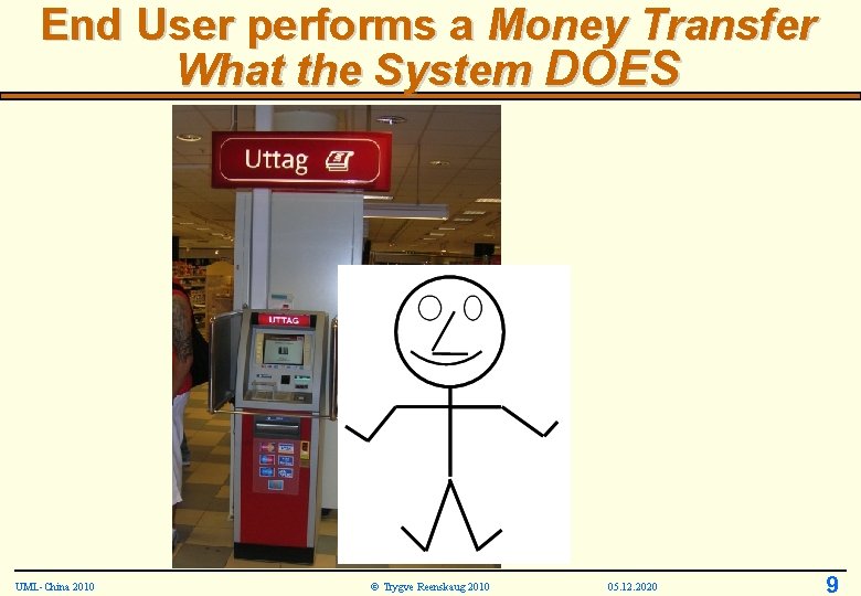 End User performs a Money Transfer What the System DOES UML-China 2010 © Trygve