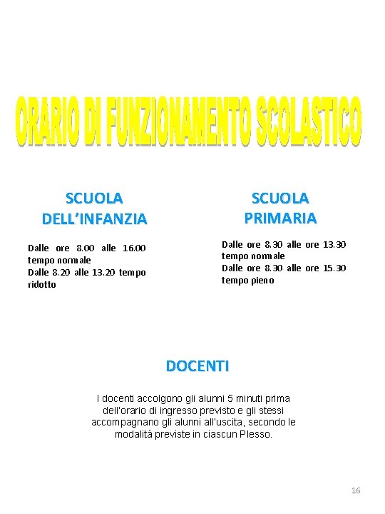 SCUOLA PRIMARIA SCUOLA DELL’INFANZIA Dalle ore 8. 00 alle 16. 00 tempo normale Dalle