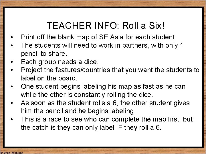 TEACHER INFO: Roll a Six! • • Print off the blank map of SE