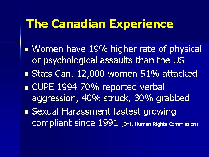 The Canadian Experience Women have 19% higher rate of physical or psychological assaults than