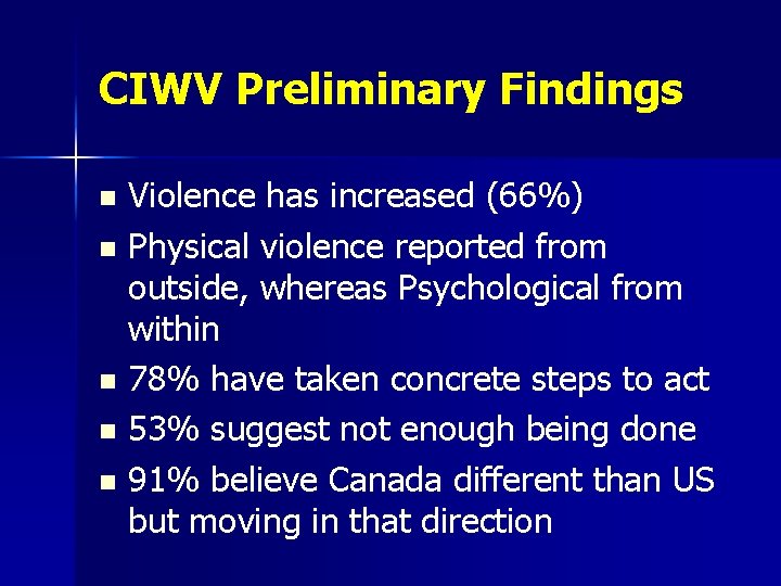 CIWV Preliminary Findings Violence has increased (66%) n Physical violence reported from outside, whereas