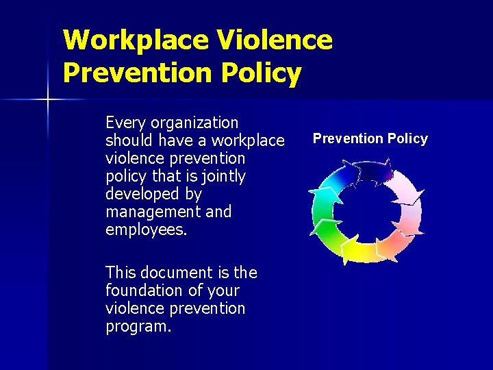 Workplace Violence Prevention Policy Every organization should have a workplace violence prevention policy that