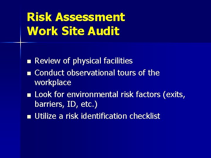 Risk Assessment Work Site Audit n n Review of physical facilities Conduct observational tours