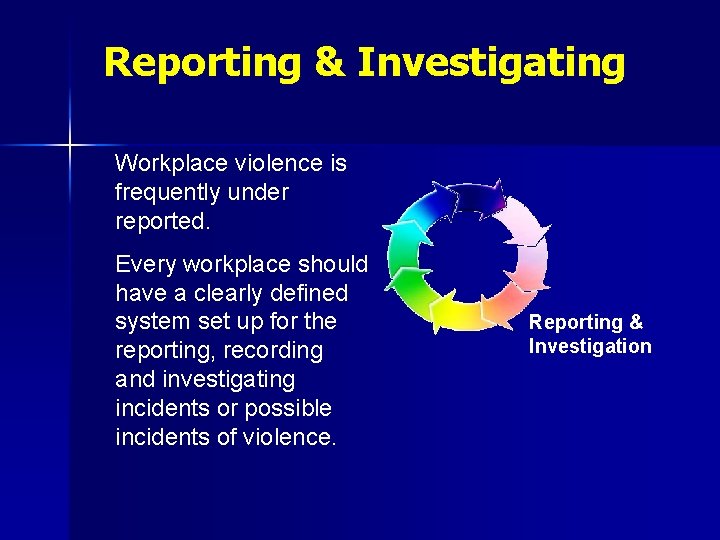 Reporting & Investigating Workplace violence is frequently under reported. Every workplace should have a