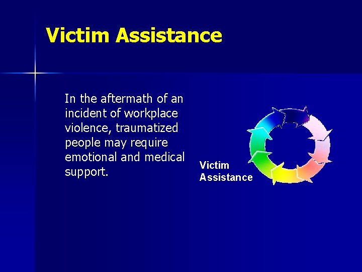 Victim Assistance In the aftermath of an incident of workplace violence, traumatized people may