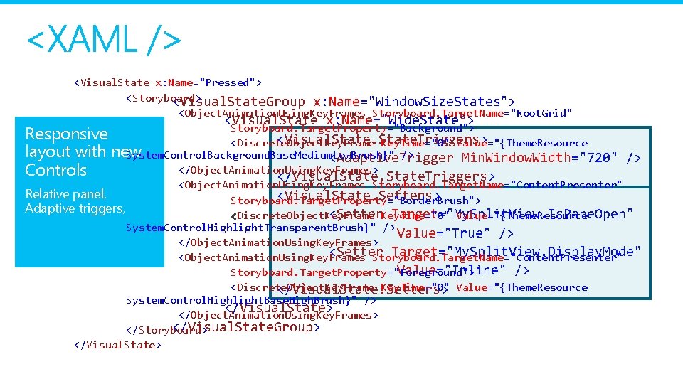 <Visual. State x: Name="Pressed"> <Storyboard> <Visual. State. Group x: Name="Window. Size. States"> <Object. Animation.