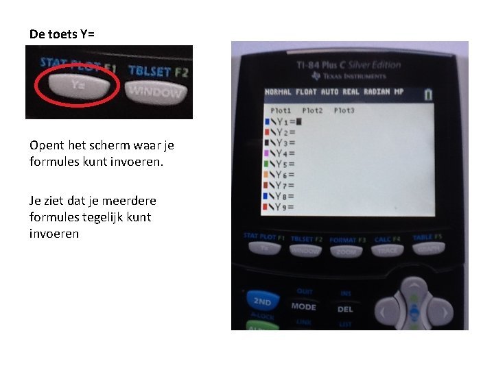 De toets Y= Opent het scherm waar je formules kunt invoeren. Je ziet dat De toets Y= Opent het scherm waar je formules kunt invoeren. Je ziet dat