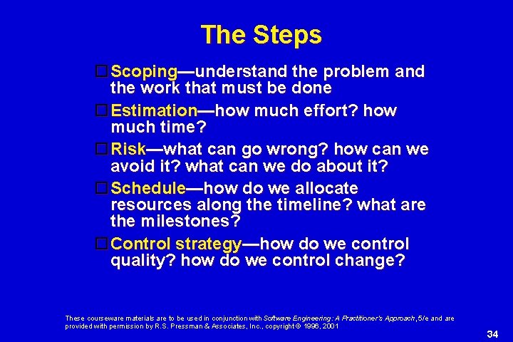 The Steps Scoping—understand the problem and the work that must be done Estimation—how much