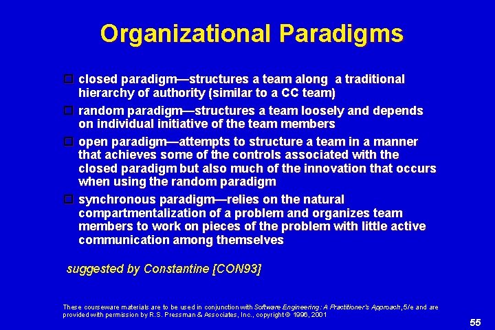 Organizational Paradigms closed paradigm—structures a team along a traditional hierarchy of authority (similar to