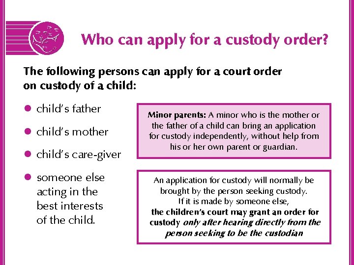 Who can apply for a custody order? The following persons can apply for a