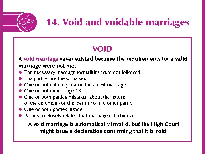 14. Void and voidable marriages VOID A void marriage never existed because the requirements