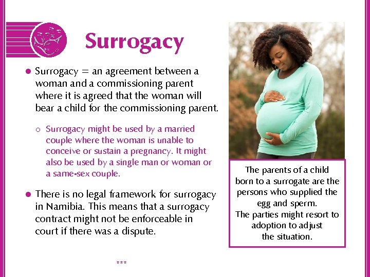 Surrogacy l Surrogacy = an agreement between a woman and a commissioning parent where