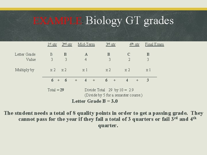  EXAMPLE: Biology GT grades 1 st qtr 2 nd qtr Mid-Term 3 rd