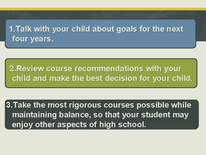 1. Talk with your child about goals for the next four years. 2. Review