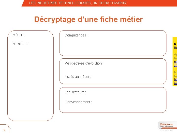 – Quatrième niveau LES INDUSTRIES TECHNOLOGIQUES, UN CHOIX D’AVENIR Décryptage d’une fiche métier Métier